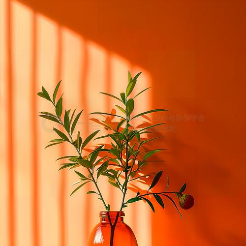 一瓶绿植摆放在橙色背景前方的摄影图